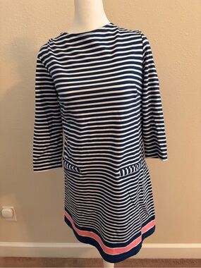 Lilly Pulitzer Navy & White Striped Midi Dress with Pink Hem Band